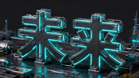 3D rendering of a currency symbol on a computer circuit board.の素材