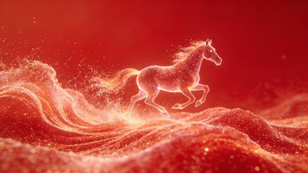Horse running on a red background. 3d rendering, 3d illustration.の素材