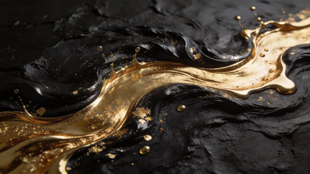 Black and golden liquid texture, closeup. Luxury abstract backgroundの素材