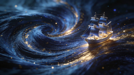 3d illustration of a sailing ship in the sea with starry backgroundの素材