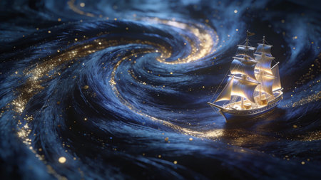 3D illustration of a sailboat against the background of the galaxyの素材