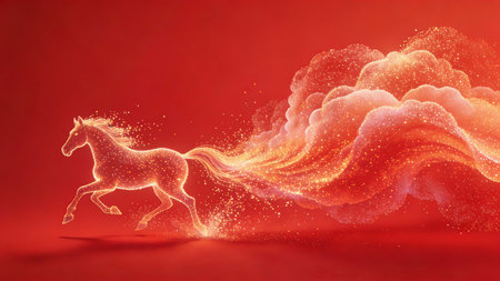 Running horse on red background. 3d rendering. Computer digital drawing.の素材