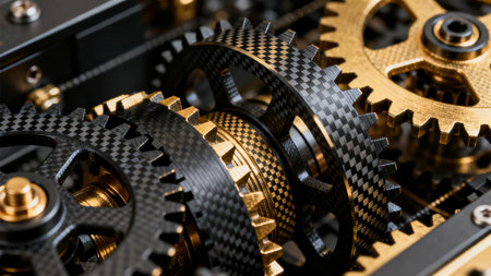 Close-up of gears and cogs in a clockwork mechanismの素材