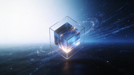 3d rendering of cube in space. Futuristic technology background.の素材