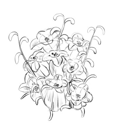 Bluebells sketch with leaves, black and white digital illustrationの写真素材