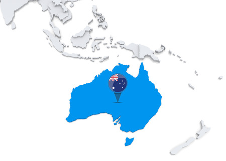 Highlighted Australia on map of Oceania with national flagの写真素材