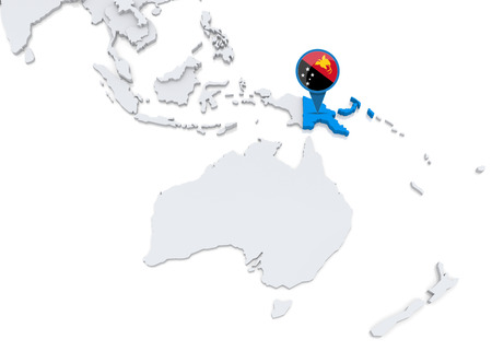 Highlighted Papua new guinea on map of Oceania with national flagの写真素材