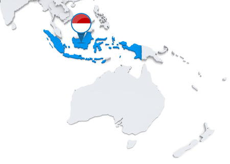Highlighted Indonesia on map of Oceania with national flagの写真素材