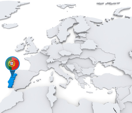 Highlighted Portugal on map of Europe with national flagの写真素材