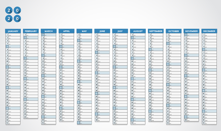 Calendar for year 2020 in blue horizontal design.のイラスト素材