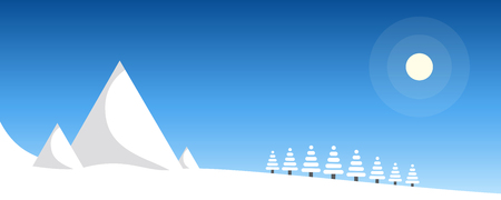 Winter mountains panorama with the sun and trees background illustration.のイラスト素材