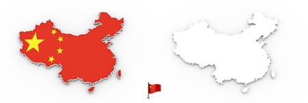 High detailed white silhouette of China map and national flagの写真素材