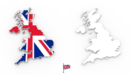 High detailed white silhouette of United Kingdom map and national flagの写真素材