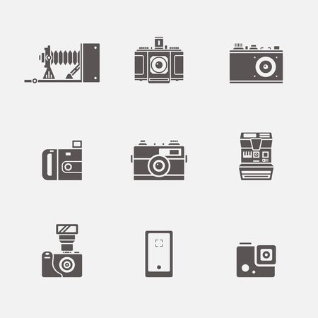 Vector collection of various camera icons in simple grey shape designのイラスト素材