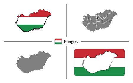 Vector collection with silhouettes of Hungary map with national flag and marked state regionsのイラスト素材