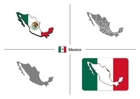 Vector collection with silhouettes of Mexico map with national flag and marked state regionsのイラスト素材