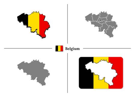 Vector collection with silhouettes of Belgium map with national flag and marked state regionsのイラスト素材