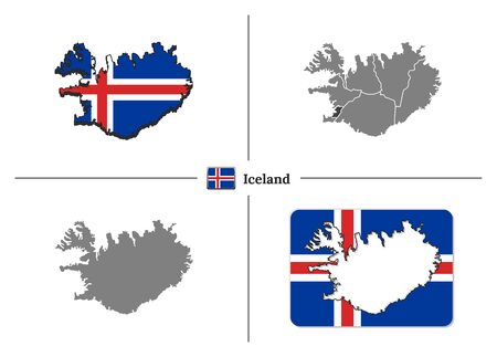 Vector collection with silhouettes of Iceland map with national flag and marked state regionsのイラスト素材