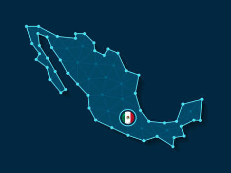 Vector illustration of simplified Mexico map silhouette in a futuristic digital blue design with a mesh connecting dots and national flag placed in its capital cityのイラスト素材