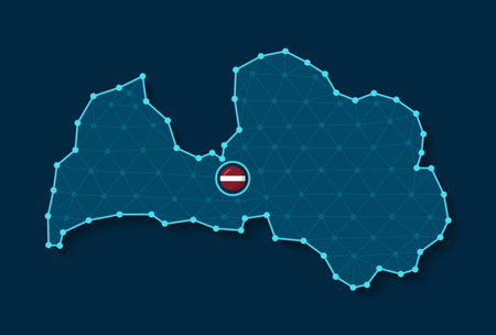 Vector illustration of simplified Latvia map silhouette in a futuristic digital blue design with a mesh connecting dots and national flag placed in its capital cityのイラスト素材