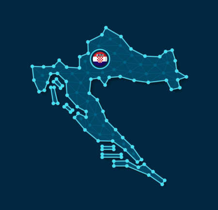 Vector illustration of simplified Croatia map silhouette in a futuristic digital blue design with a mesh connecting dots and national flag placed in its capital cityのイラスト素材