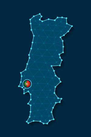 Vector illustration of simplified Portugal map silhouette in a futuristic digital blue design with a mesh connecting dots and national flag placed in its capital cityのイラスト素材