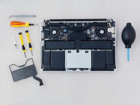 Technician support upgrade part and fixing laptop.の写真素材