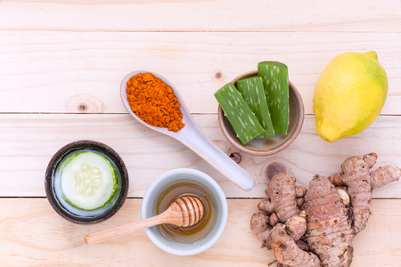 Natural Spa Ingredients . - Homemade facial masks with natural ingredients on wooden table.の写真素材