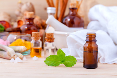 Natural Spa Ingredients Aromatherapy and Natural Spa theme  on wooden background.の写真素材