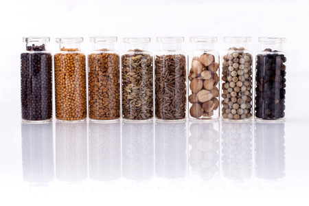Assorted of spice bottles condiment  black pepper ,white pepper,  black mustard,white mustard,fenugreek,cumin and fennel seeds isolated on white background.の写真素材