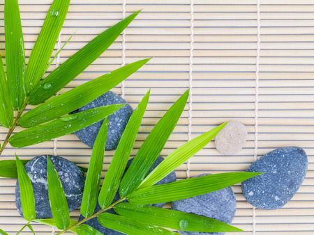 The Stones spa treatment scene on bamboo background and bamboo leaves with raindrop zen like concepts.の写真素材