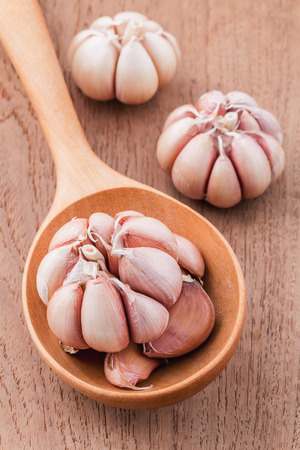 Close Up organic garlic in wooden spoon on the teak wood backgroundの写真素材