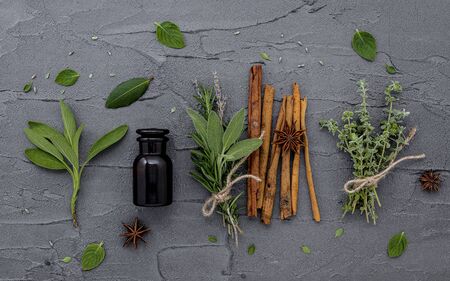 Bottle of essential oil with fresh herbal sage, rosemary, lemon thyme ,thyme ,green mint and peppermint setup with flat lay on dark concrete background.の写真素材