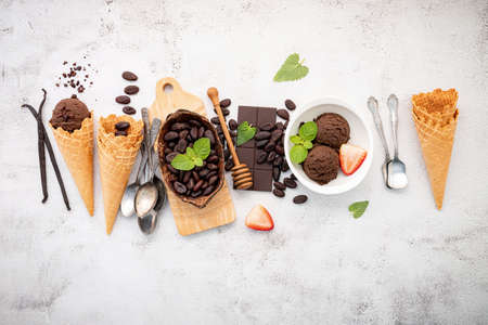 Vanilla ice cream flavor in bowl with vanilla pods setup on concrete background . Summer and Sweet...