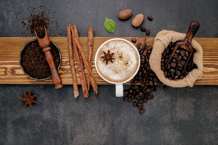 Roasted coffee beans with coffee powder and flavourful ingredients for make tasty coffee setup on dark stone background.の写真素材