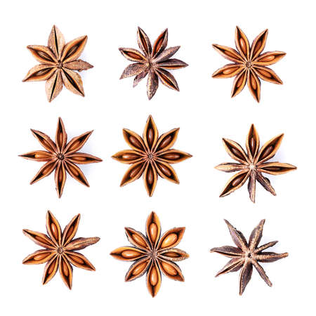 Various shapes of dried Chinese star anise isolated on white background.の写真素材