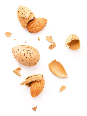 Close up group of almonds nut with shell  and cracked almonds shell isolated on white background.の写真素材