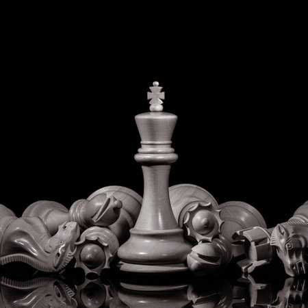 Black and White King and Knight of chess setup on dark background . Leader and teamwork concept for success. Chess concept save the king and save the strategy.の写真素材