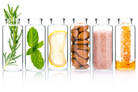 The glass bottle of homemade skin care and body scrubs with natural ingredients isolated on white background.の写真素材