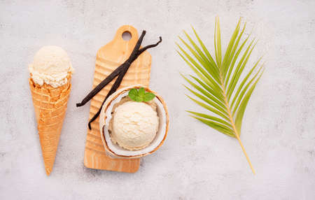 Coconut ice cream flavours in half of coconut setup on white stone background. Summer and Sweet menu concept.の写真素材