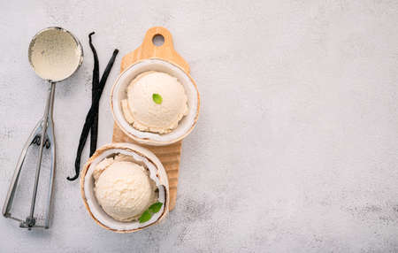 Coconut ice cream flavours in half of coconut setup on white stone background. Summer and Sweet menu concept.の写真素材