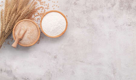 Wheat grains , brown wheat flour and white wheat flour in wooden bowl set up on white concrete background.の写真素材