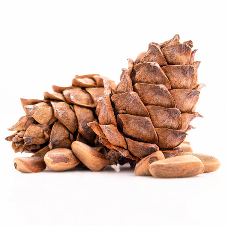 Close up pine nuts and pine cone isolated on white background.の写真素材