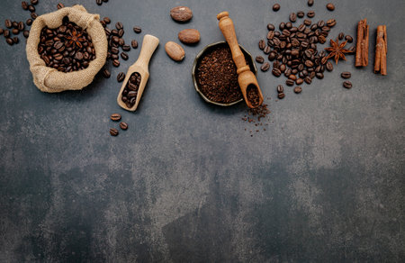 Roasted coffee beans with coffee powder and flavourful ingredients for make tasty coffee setup on dark stone background.の写真素材