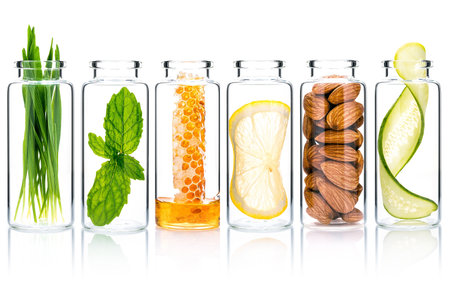 Homemade skin care with natural ingredients wheat glass ,cucumber slice ,almonds ,honeycomb ,lemon slice and mint leaves in glass bottles isolate on white background.の写真素材