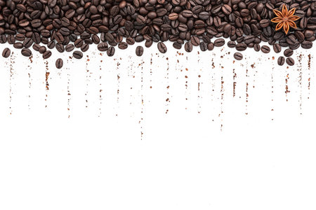 Dark roasted coffee beans setup on white background with copy space.の写真素材