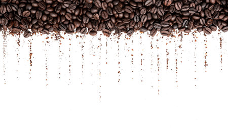 Dark roasted coffee beans setup on white background with copy space.の写真素材
