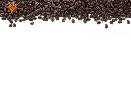 Dark roasted coffee beans setup on white background with copy space.の写真素材