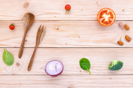 Food background and salad concept with raw ingredients  flat lay on white wooden background.の写真素材