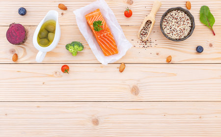 Ketogenic low carbs diet concept. Ingredients for the healthy foods selection on white background. Balanced healthy foods ingredients of unsaturated fats and fiber for the heart and blood vessels.の写真素材